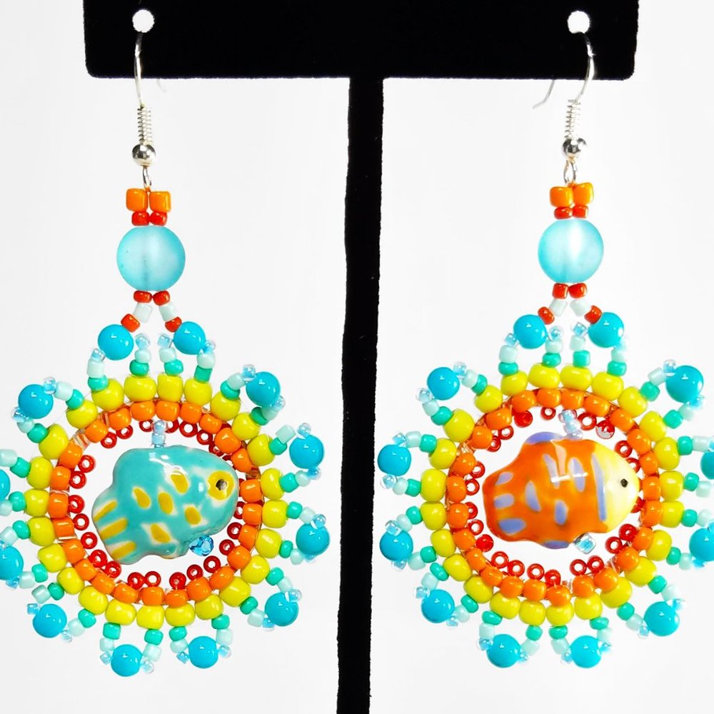 Whimsical Tropical Fish Beaded Dangling Earrings, Beach Style Jewelry